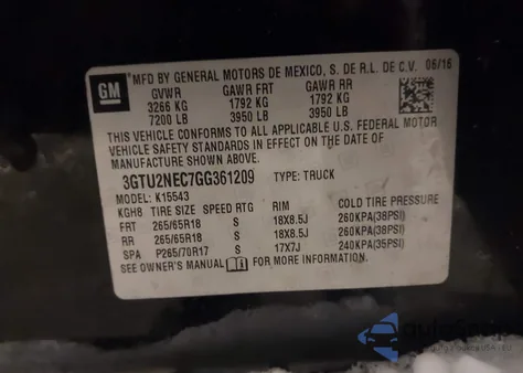 2016 GMC Sierra 1500 Slt from USA, damaged, VIN 3GTU2NEC7GG361209